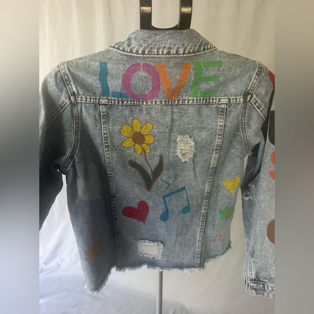 Custom Denim Jean Jacket with acrylic paint Music Theme-Live Love Music detail